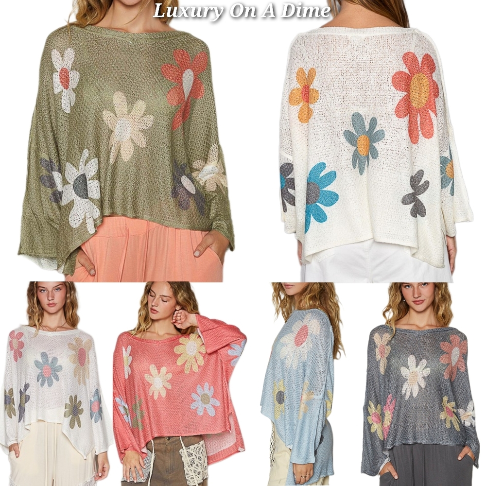 POL Daisy Retro Color Contrast Flower Top Oversized Shirt Pullover Knit Sweater - Picture 11 of 11